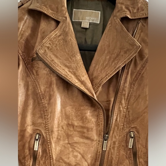 Michael Kors Leather Moto Biker Jacket Distressed Tan Luggage XS Small AUTHENTIC - Picture 11 of 14